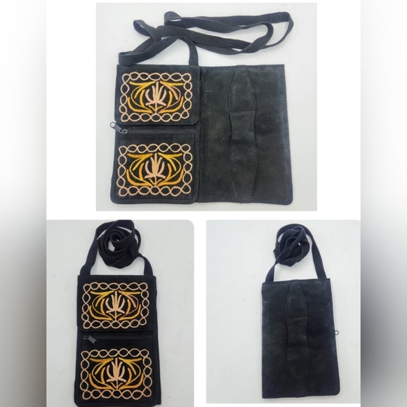 Versatile Black Soft Suede Embroidered Crossbody Belt Bag Wallet India - Picture 1 of 10